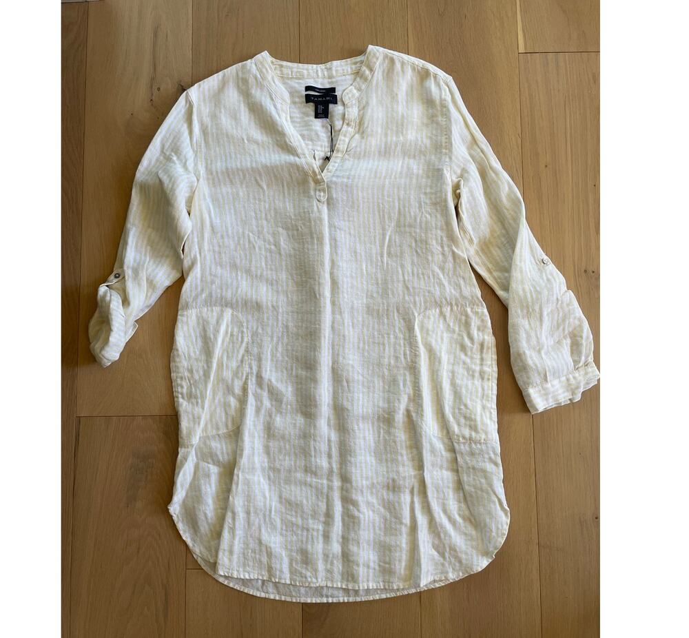 NWT Tahari Linen Tunic Shirt Dress yellow and white stripe M